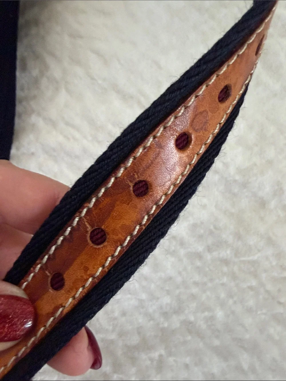 VINTAGE Longhi Men's Tan Leather-Trim Belt with navy fabric and Gold Buckle